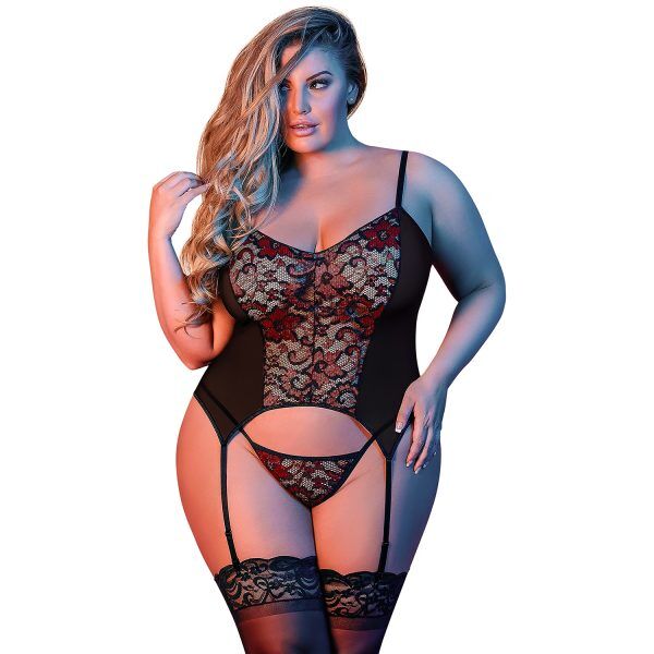 Magic Slik Merry Widow Chemise Set Plus Size - Svart - Plus size