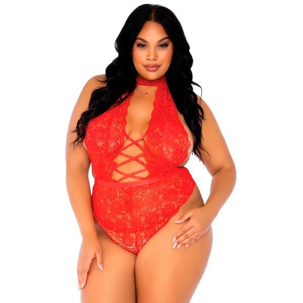 Leg Avenue Grenlös Teddy i Spets Plus Size - Röd - Plus size