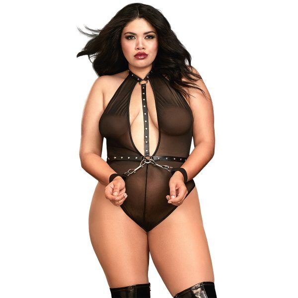 Dreamgirl Mesh Teddy med Handfängsel Plus Size - Svart - Queen Size