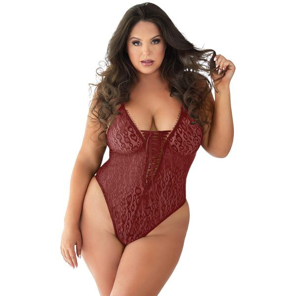 Allure Diva Rayna Röd Leopardteddy med Snörning Plus Size - Röd - 2XL/3XL