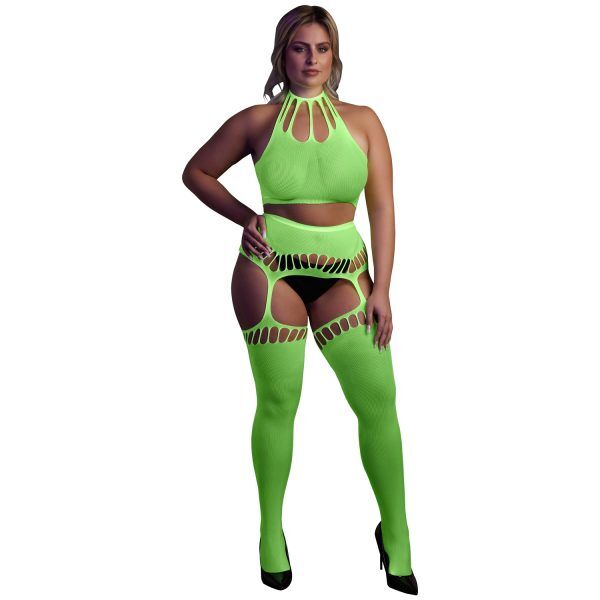 Ouch! Glow in The Dark Neongrön Crop Topp och Strumpor Plus-Size - Grön - Plus size