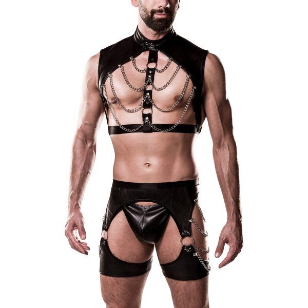 Grey Velvet Men Wetlook Bondageset med Chaps - Svart - S/M