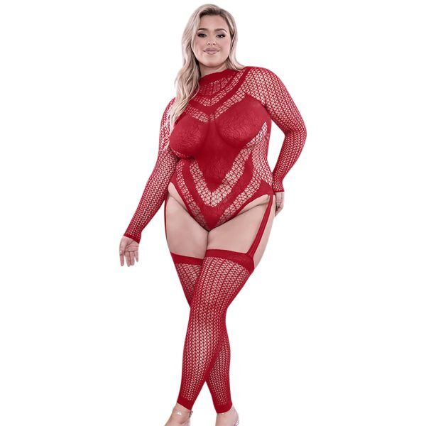 Sheer Fantasy Infatuation Gartered Långärmad Body - Röd - Plus size