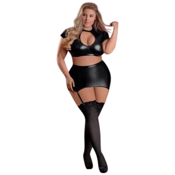 Magic Silk Exposed Crop Top och Gartered Kjol Wetlook Plus Size - Svart - Plus size